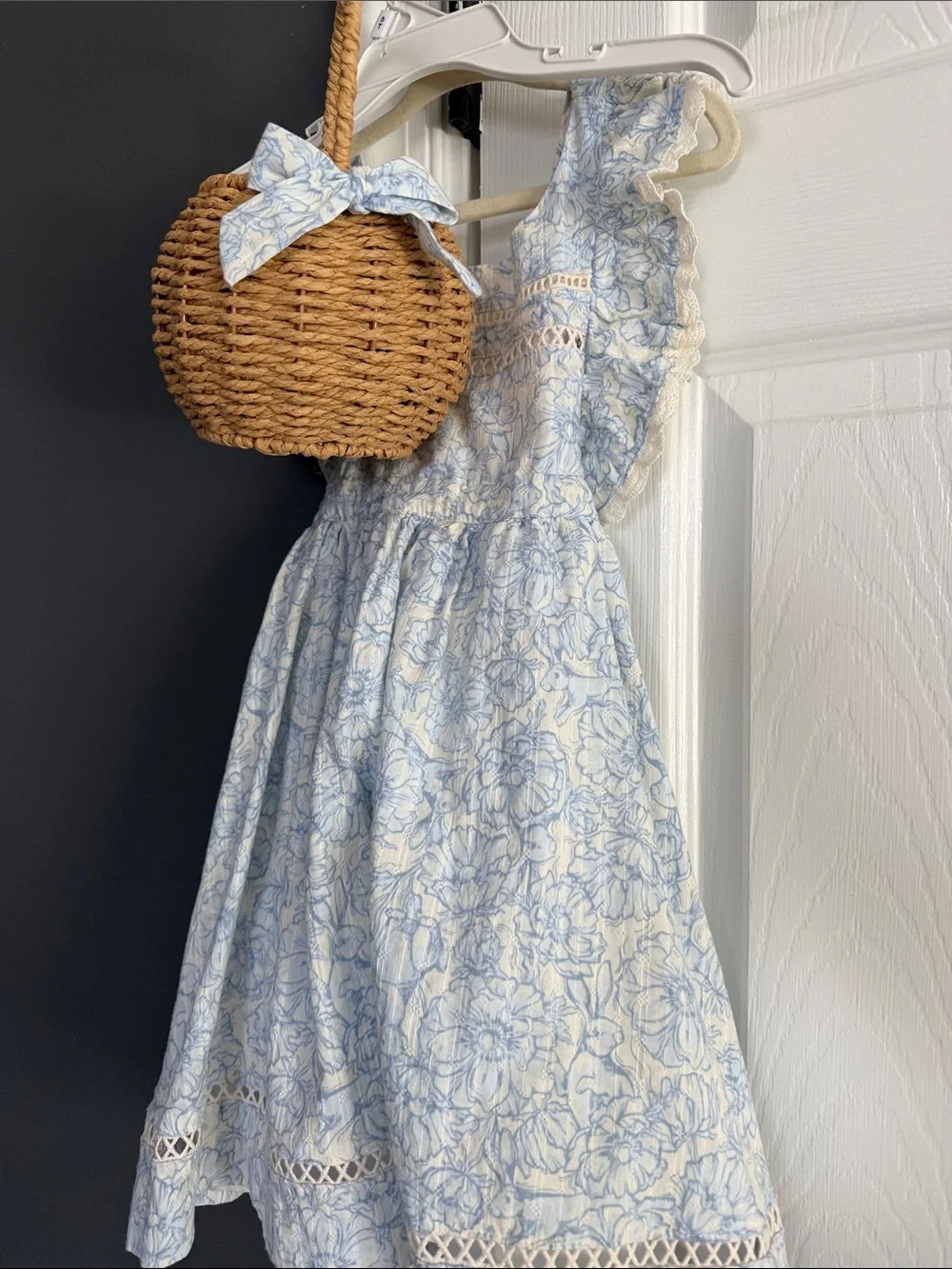 Girls Blue Floral Ruffle Dress with Lace Trim and Purse